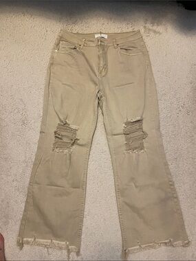 Women’s Distressed Beige Kick Flare Jeans